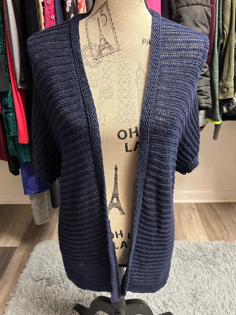 Talbots Navy Blue Short-Sleeve Open-Front Knit Cardigan Sweater - Picture 2 of 14